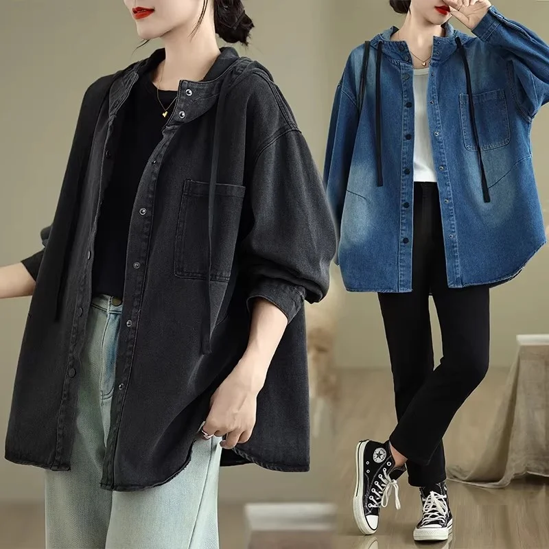 Women's Oversized Denim Shacket Hooded Long Sleeve Shirt Jacket, Loose Fit Casual Top (W2117)