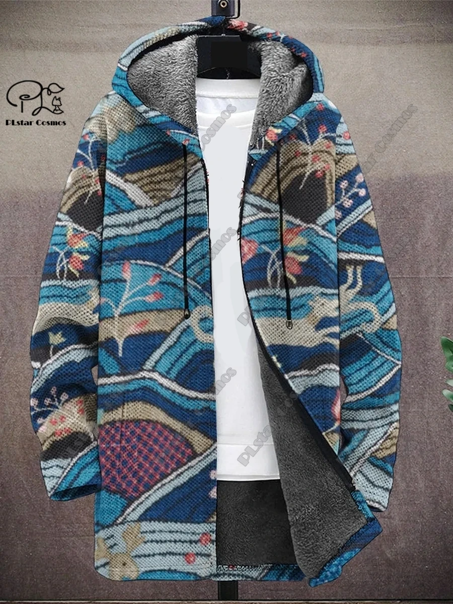 

New 3D printing retro abstract art multi-color winter hooded zipper coat men's women's fleece universal casual warm jacket D-14