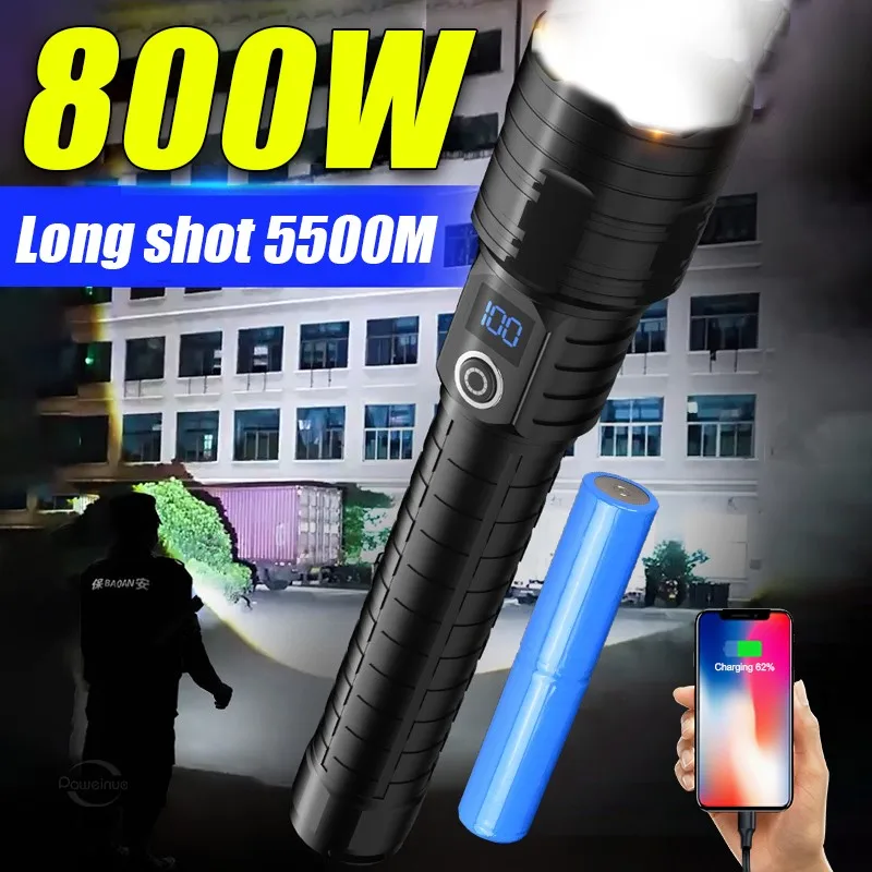 

Super 800W LED Flashlights 15000mAh Battery High Power Rechargeable Type-c Torch Lights Long Range 5500 Meters Tactical Lantern