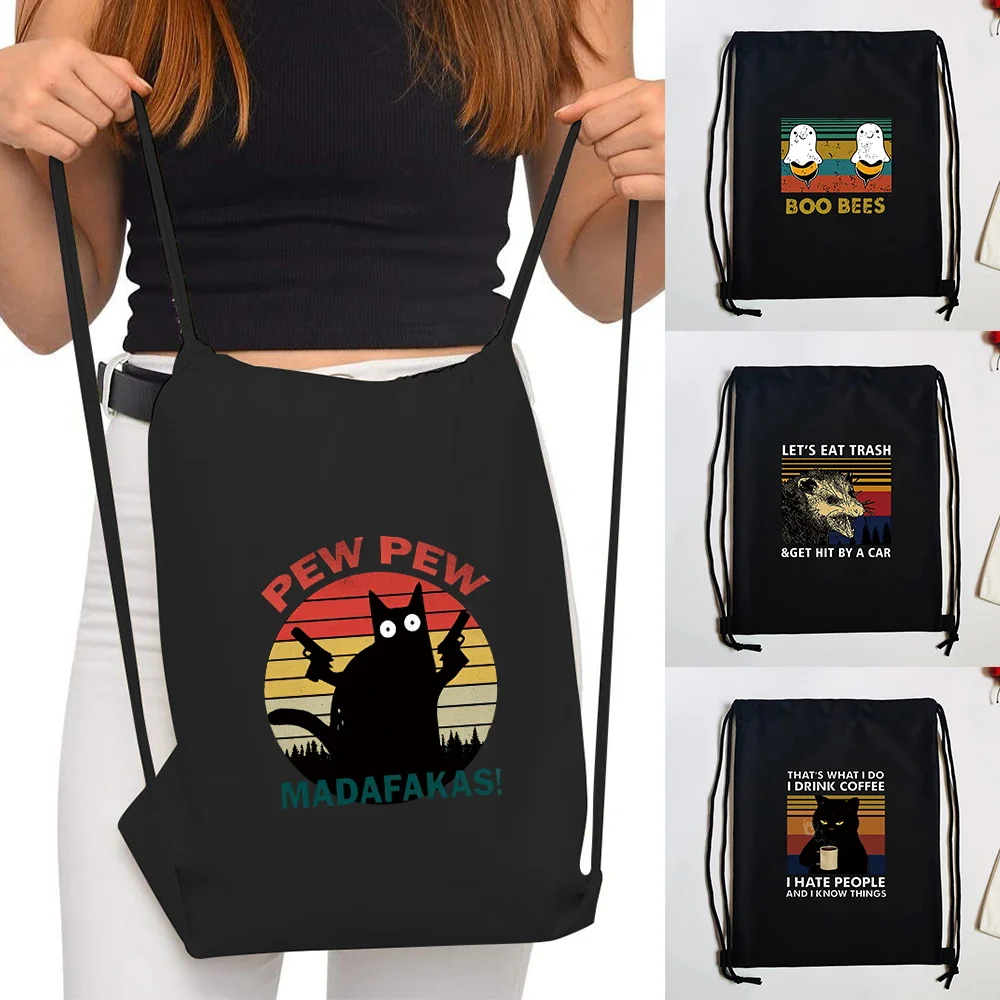 Trendy Sport Drawstring Backpack Pew Print Canvas Gym Bag Shopping Bag Storage Portable Sack Pack