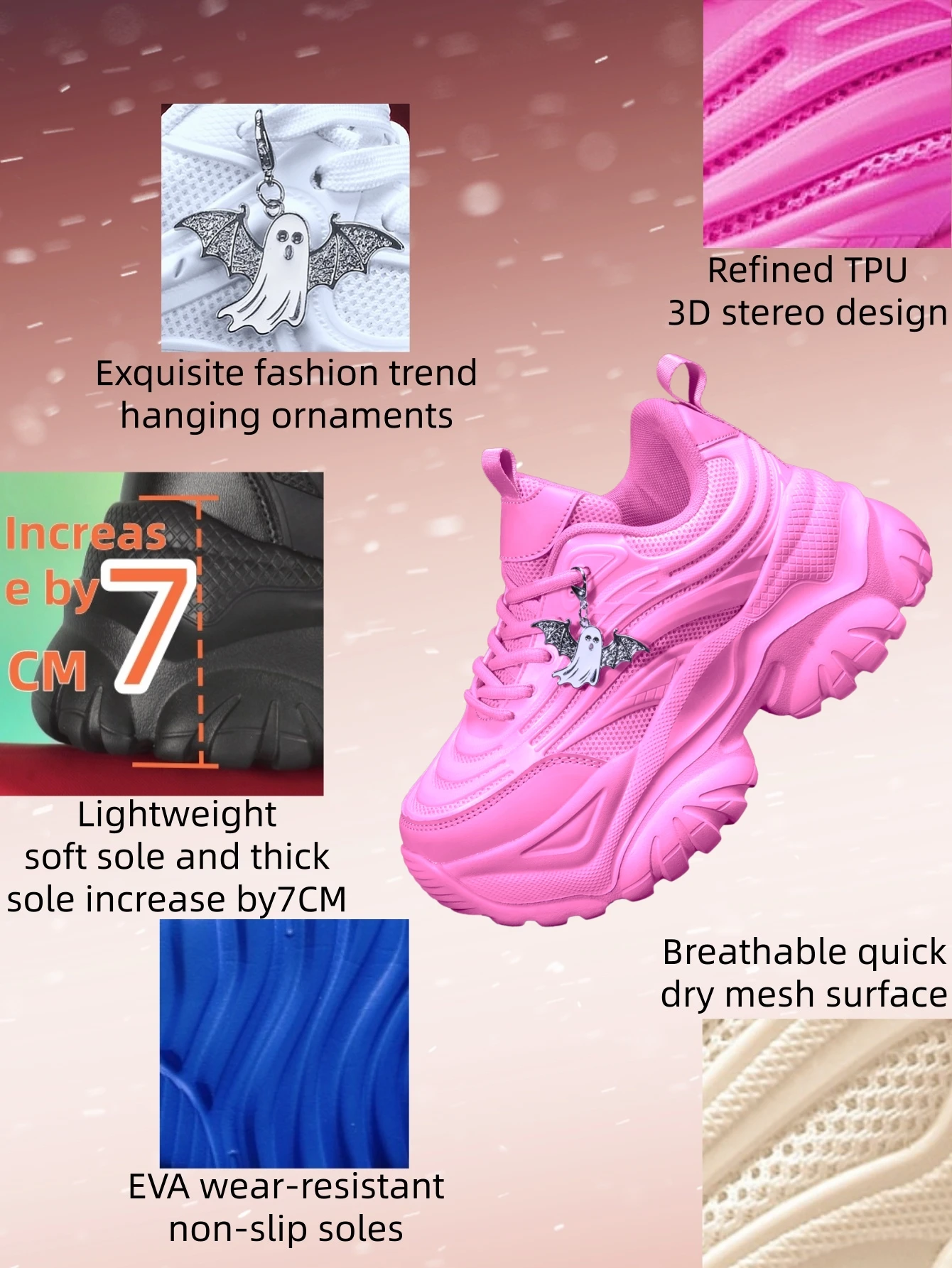 Women's 2026 Sweet-Cool Y2K Style Platform Sneakers with 7cm Height Increase, High Street Punk Fashion Theme, Versatile Casual Pink Sneakers, 3D Design with Mesh Fabric Upper, Lightweight and Breathable, Featuring Detachable Silver Ghost Metal Charms, Round Toe Lace-Up Design, Eva Non-Slip Wave Sole for Cushioning and Comfort, Suitable for All Seasons, Trendy Shoes view 3