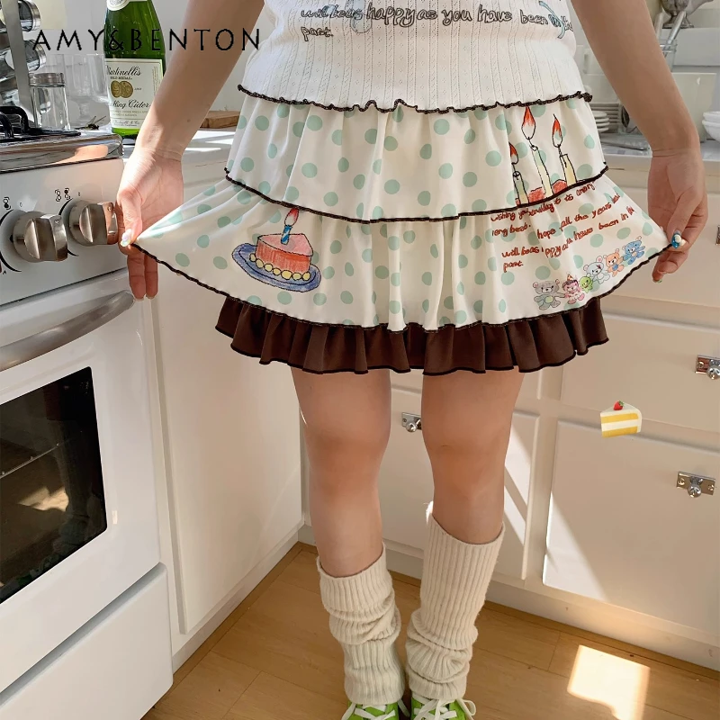 

Japanese Design Brown Green Polka Dot Color Block Women's Cake Skirt New Sweet Cute Age-Reducing High Waist Mini Skirts Ladies