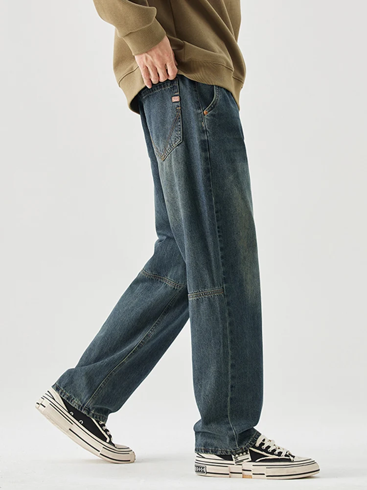 Stitching Men\'s Autumn Jeans Fashion Distressed High Street Youth Straight Trousers Casual Korean Wide Denim Pants Male