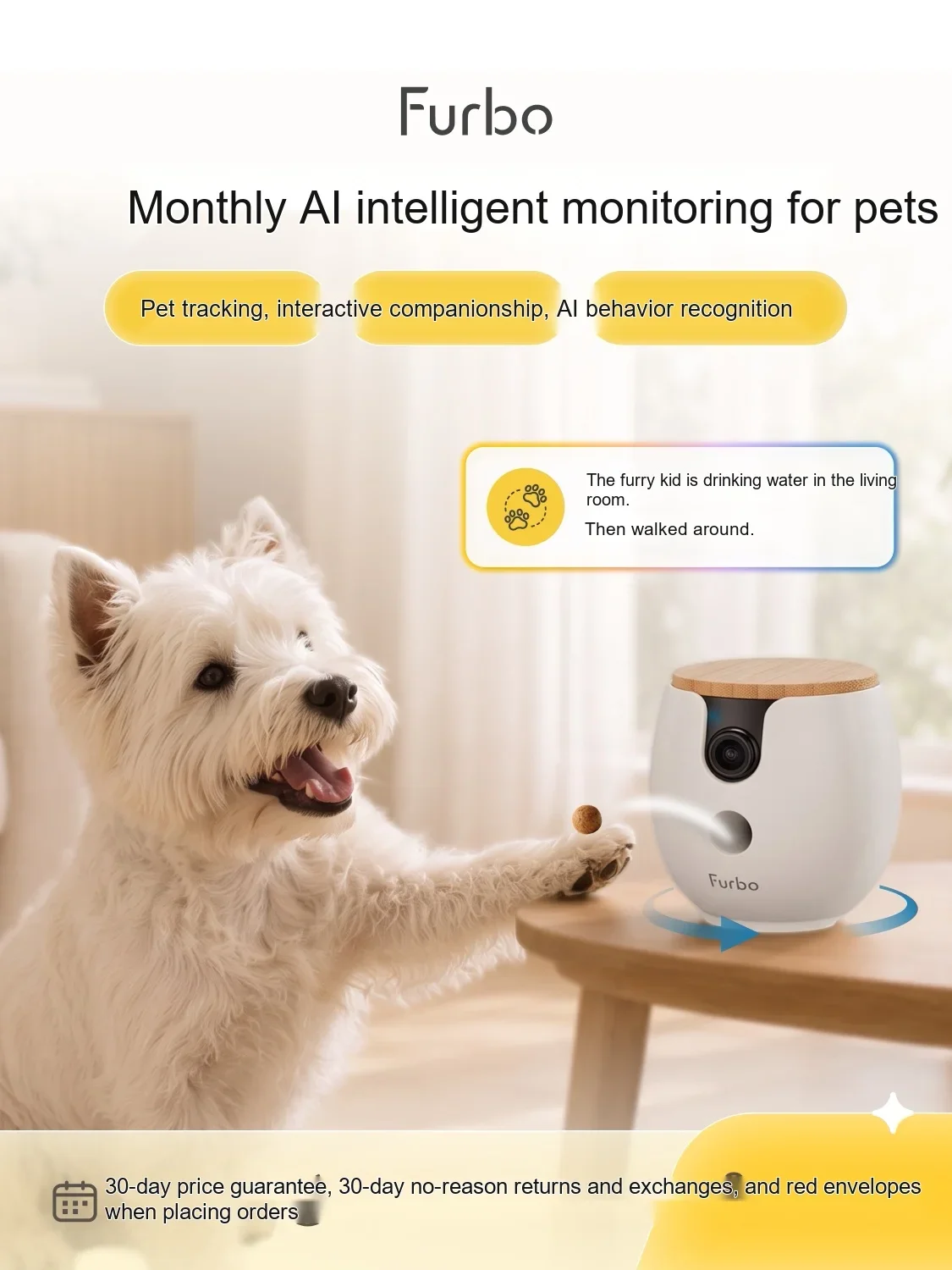 Furbo Mini 360 Pet Camera AI Smart Monitor for Cats and Dogs Two-Way Audio Treat Tossing Motion Tracking Home Security Camera