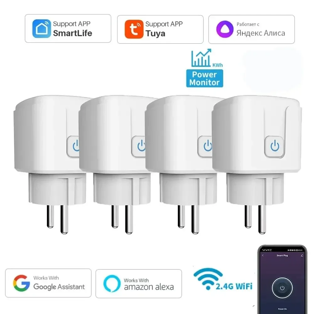 Tuya สมาร์ทซ็อกเก็ต WiFi 20A EU Plug Outlet รีโมทคอนโทรลจับเวลา Power Monitor สนับสนุนเสียง Google Home Alexa