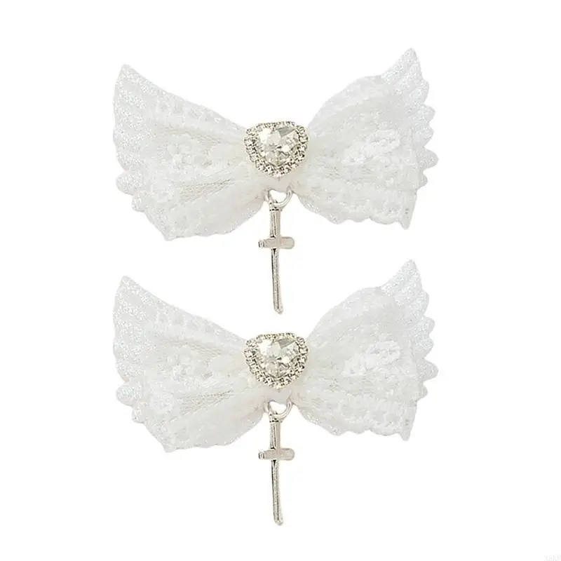 

N5KB Elegant Hairpin Heart Bows Hair Clip Bows Rhinestones 2000s Lace Bunches