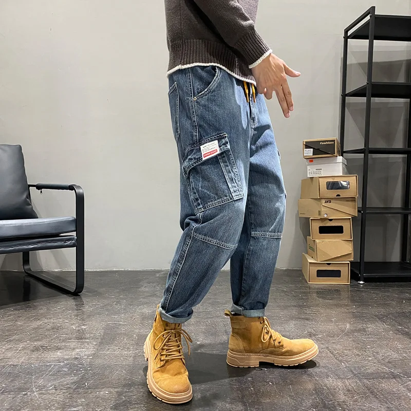 High quality long baggy cargo jeans for men big size multi pocket cotton denim casual vintage trousers new 2024 clothing - blue