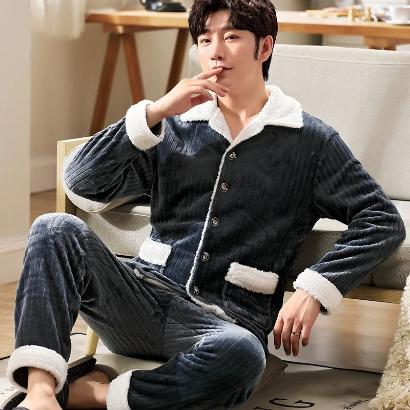 Winter Sleepwear Men Winter Thick Flannel Warm Homewear 2Pcs Sets Lapel Collar Button Pajama Sets Male Casual Tops Elastic Pants