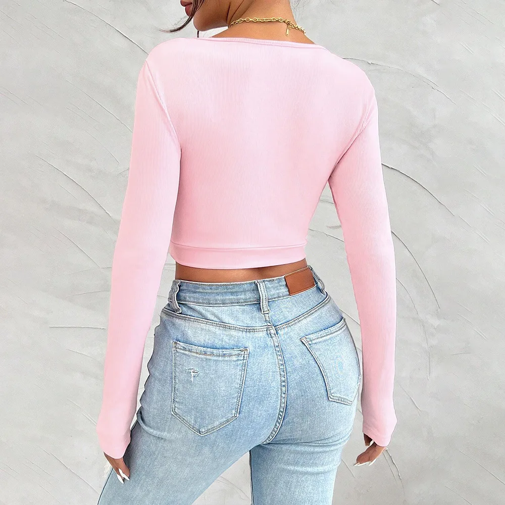 Hot Selling Sweet Spicy Sexy T Shirt Women U Neck Slim Fit Long Sleeve Top Spring Summer