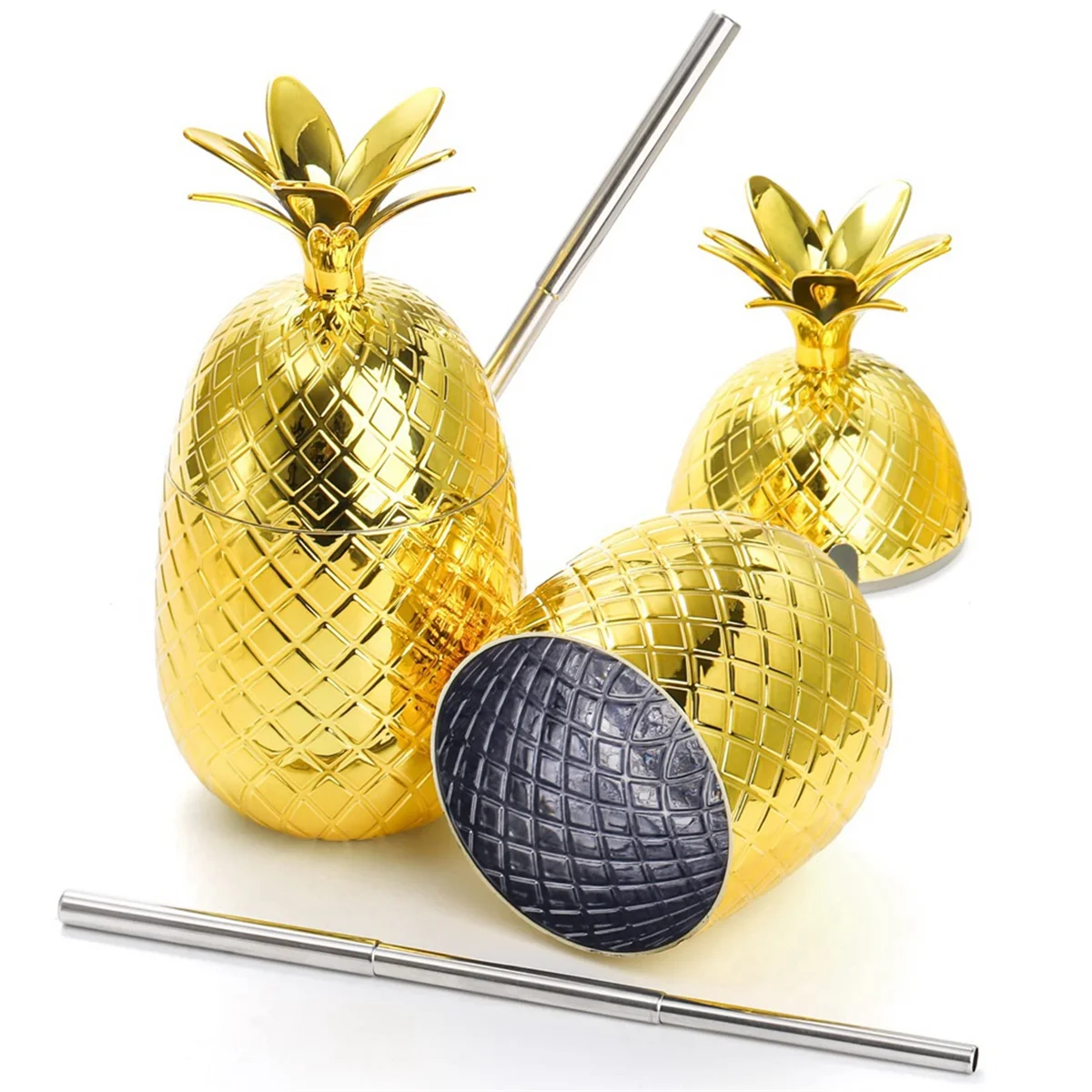 2 Pack Pineapples Drink Cups, 450Ml Gold Pineapples Tumbler with Stretched Straw, Hawaiian Luau Cups