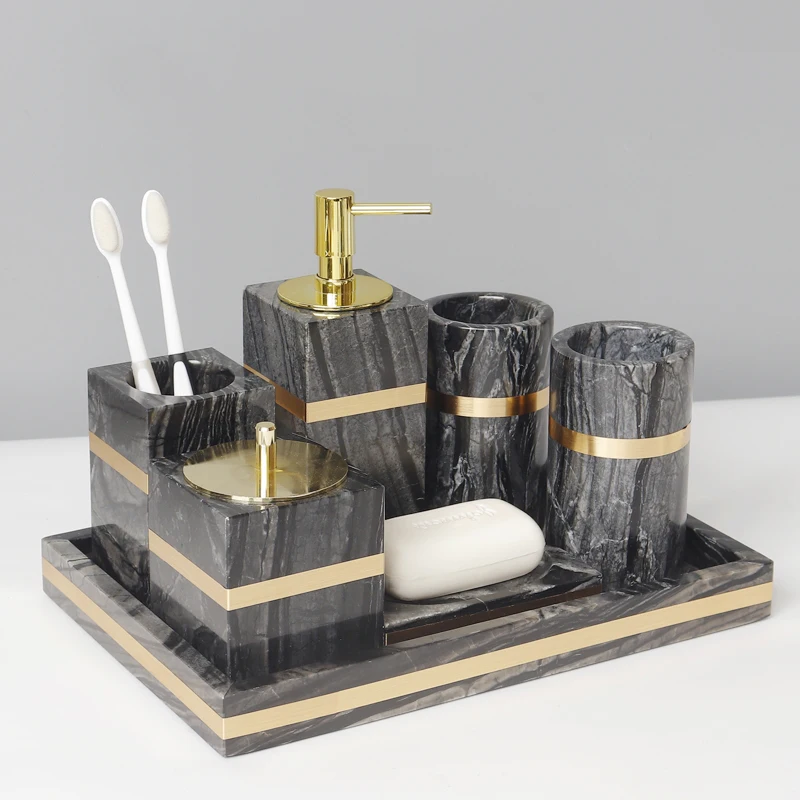 Tree Black Natural Marble Bathroom Accessories Set Luxury Gold Soap Dispenser Toothbrush Holder Soap Dish Bathroom Set