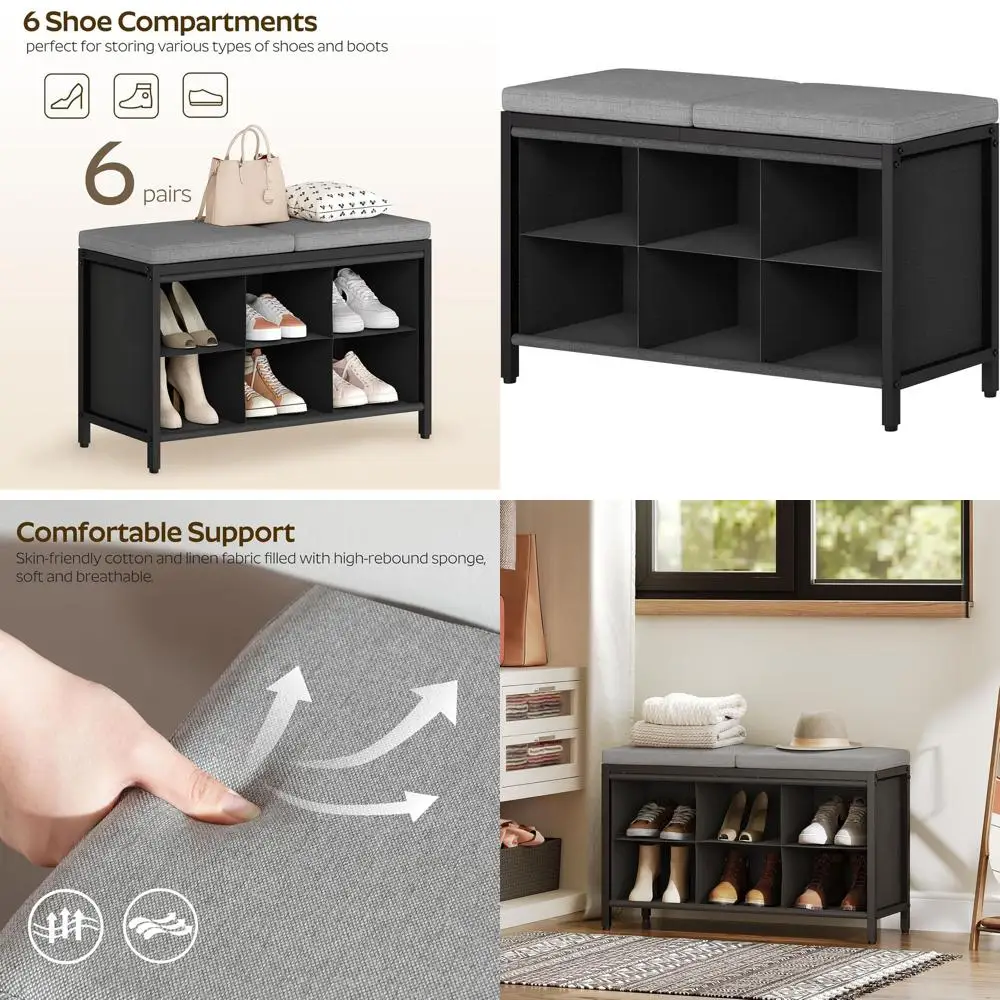 

Padded Entryway Shoe Bench with 6 Compartments, Black & Gray HX01BK