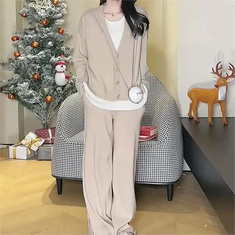 

Fashion Knit 2 Piece Set Women Vest + Long Sleeve Zipper Cardigan + Elastic Waist Pants Women Autumn Tracksuit Suits E1427