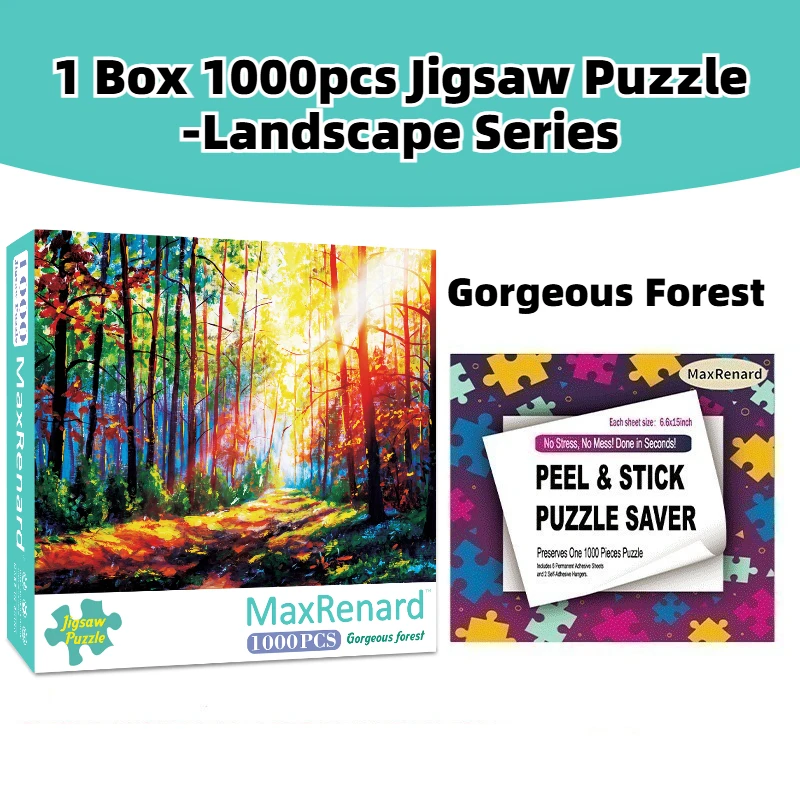 1000 Pieces Jigsaw Puzzle 26.75x19.25 Inch Gorgeous Forest Oil Painting Design with 6 Self-Adhesive Back Stickers