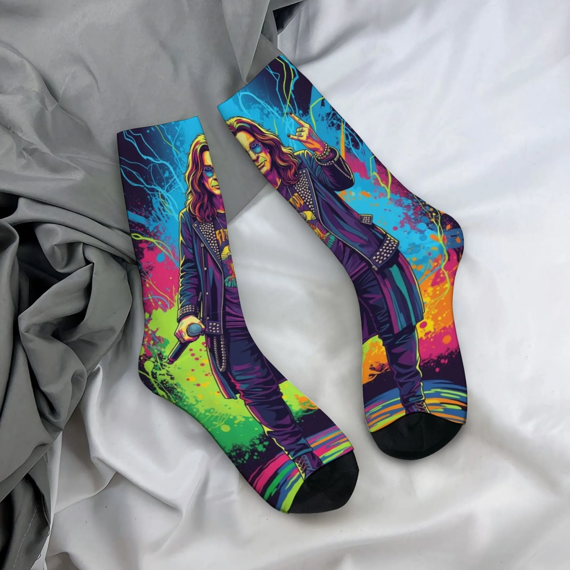 Retro neon rock print men's socks, comfortable, breathable, non-slip, casual socks, perfect for crazy parties and holiday gifts.