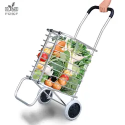 Folding trolley shopping cart, two-wheeled supermarket cart, portable small cart, large-capacity aluminum alloy grocery cart