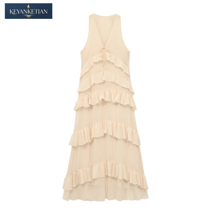 KEYANKETIAN Minimalist Flowy Tiered Chiffon Maxi Dress Sleeveless V-Neck with Ruffle Layers Drawstring Front A-Line Dress