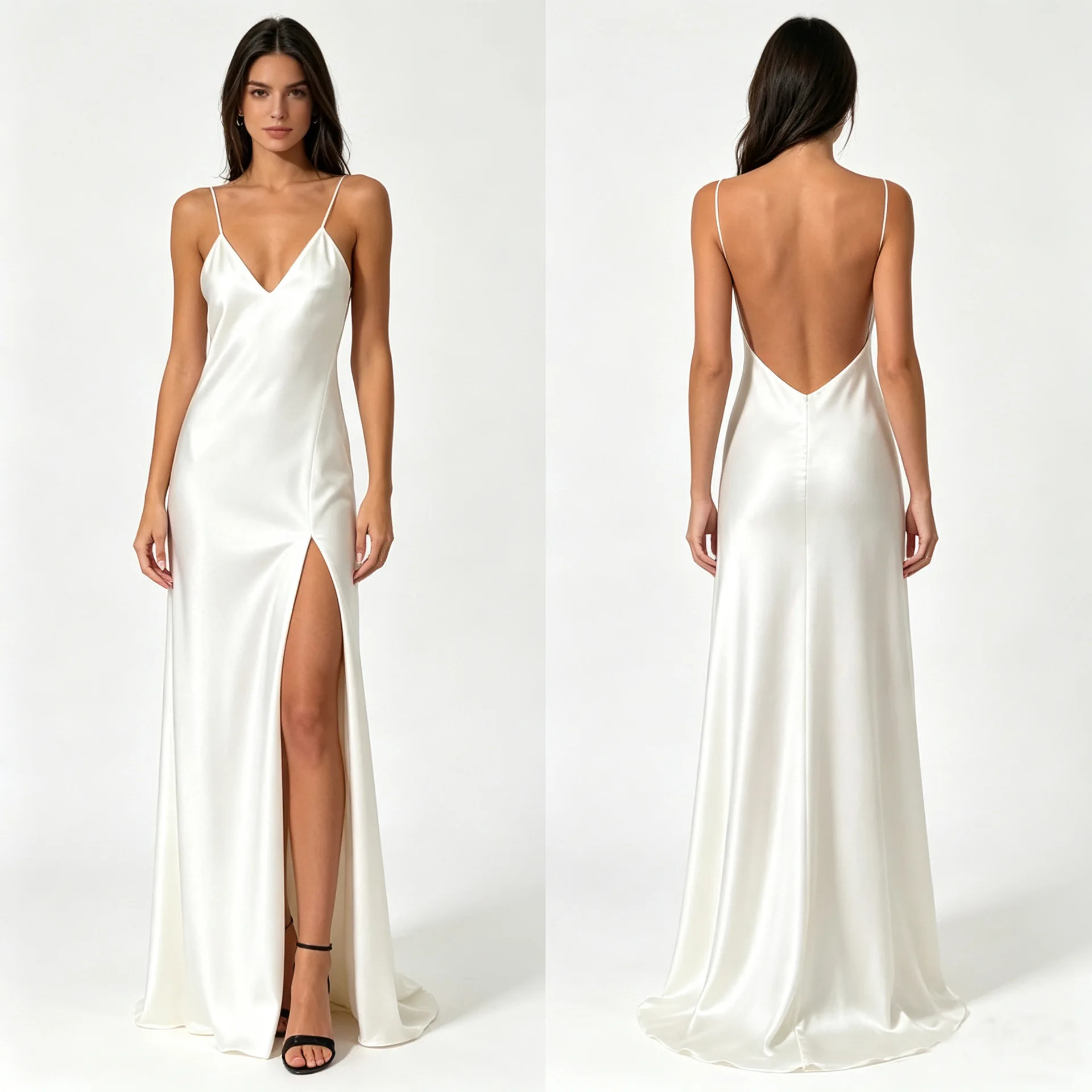 Elegant Satin Evening Gown Split - 白いサテンのロングイブニングドレス。細いストラップ、Vネック、ローバック、ハイカットのスリットが特徴。エレガントでフォーマルなパーティードレス。260901