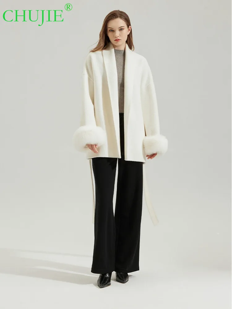 

CHUJIE 2025 осенне-зимнее шерстяное двустороннее, короткое пальто из альпаки + кролика + шерстяного меха, женская шерстяная куртка из альпаки