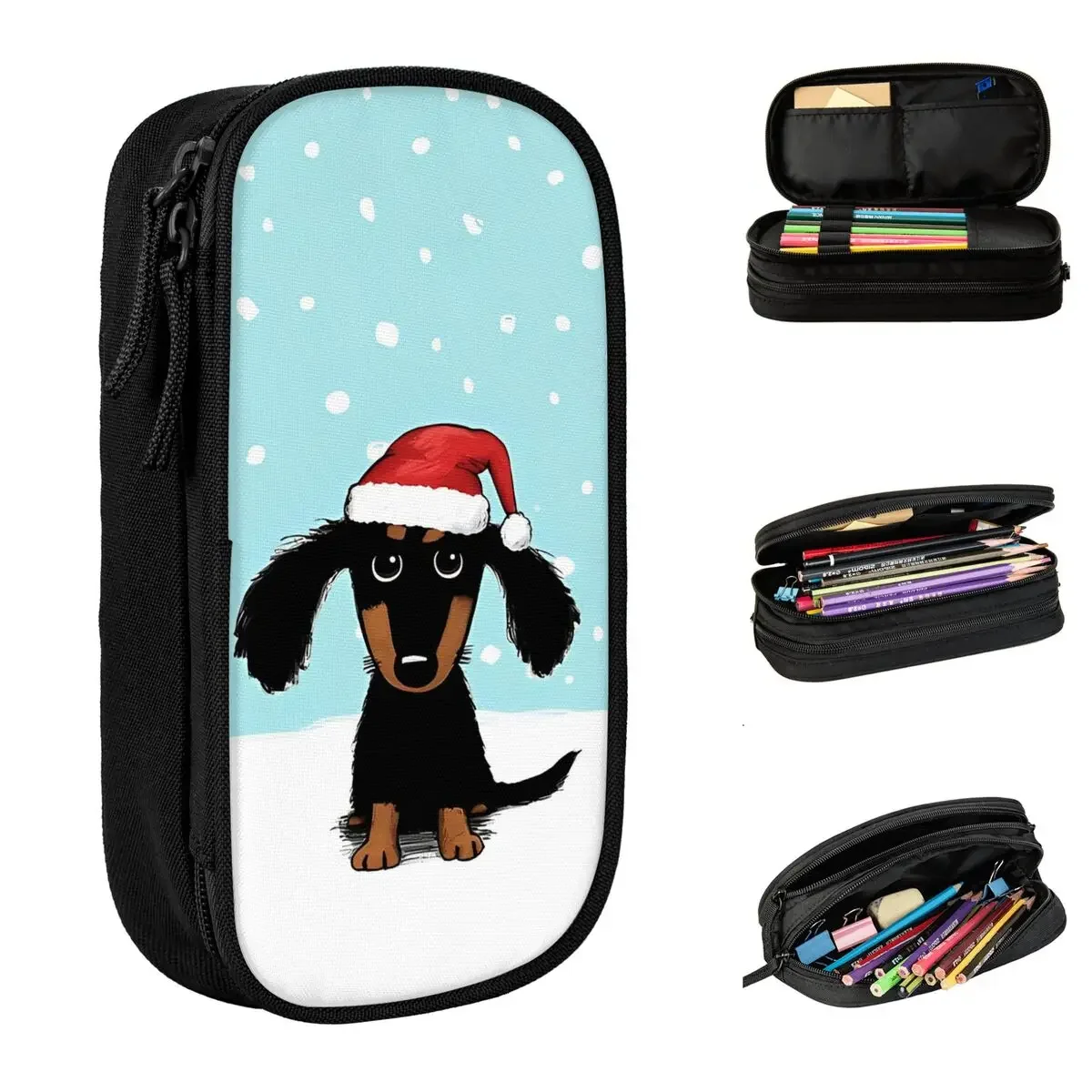 

Cute Dachshund Christmas Winter Wiener Dog Santa Pencil Case Pencilcases Pen Box for Student Large Bag Students School Gifts