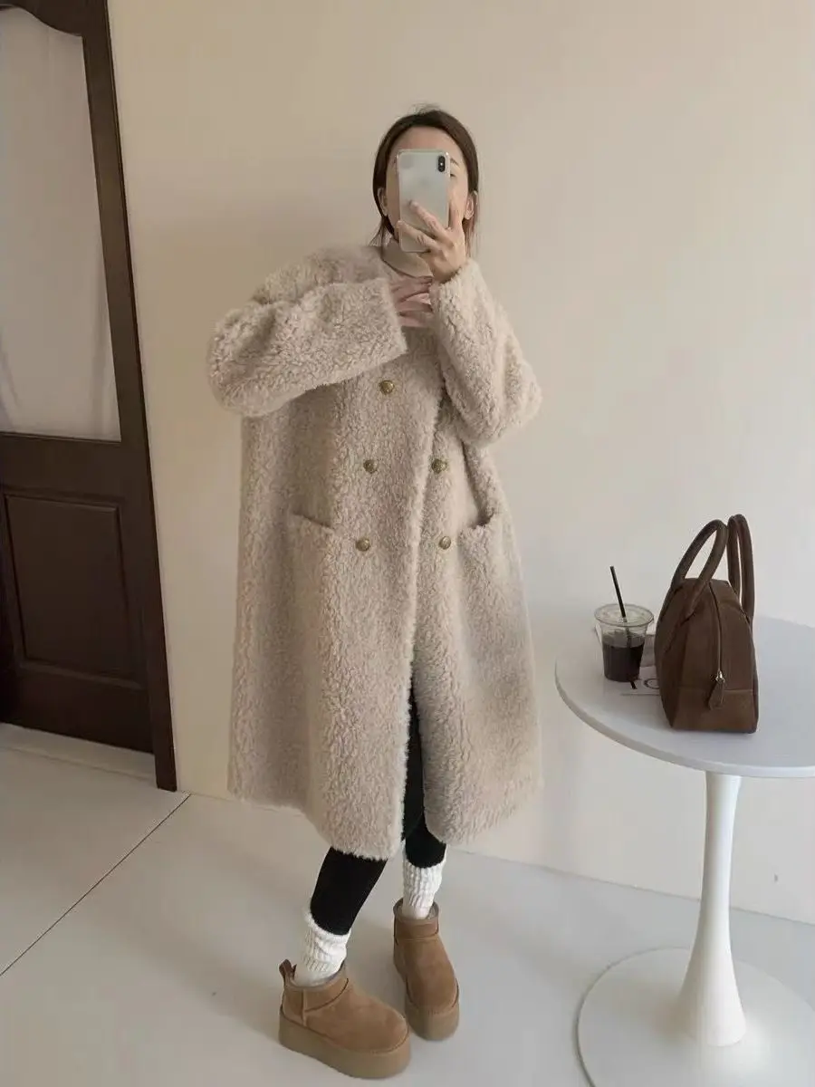 

Lamb Fur Jacket Women's plus Size Warmth Medium Length Autumn Winter New Style Fashion Loose Match All Korean Version Cardigan