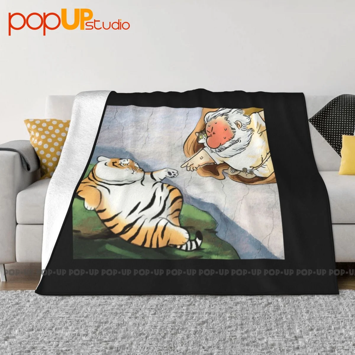 Fat Tiger Parody The Creation Of Adam Fresco Painting Blanket Shaggy Four Seasons Sofa Decorative