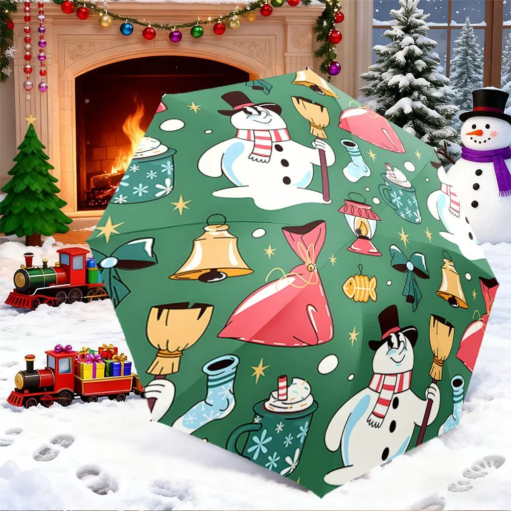 

Портативный складной зонт | Узоры снеговиков, колокольчиков и подарочных пакетов на зеленом фоне | Подходит для путешествий, рюкзаков, праздников, Рождества.