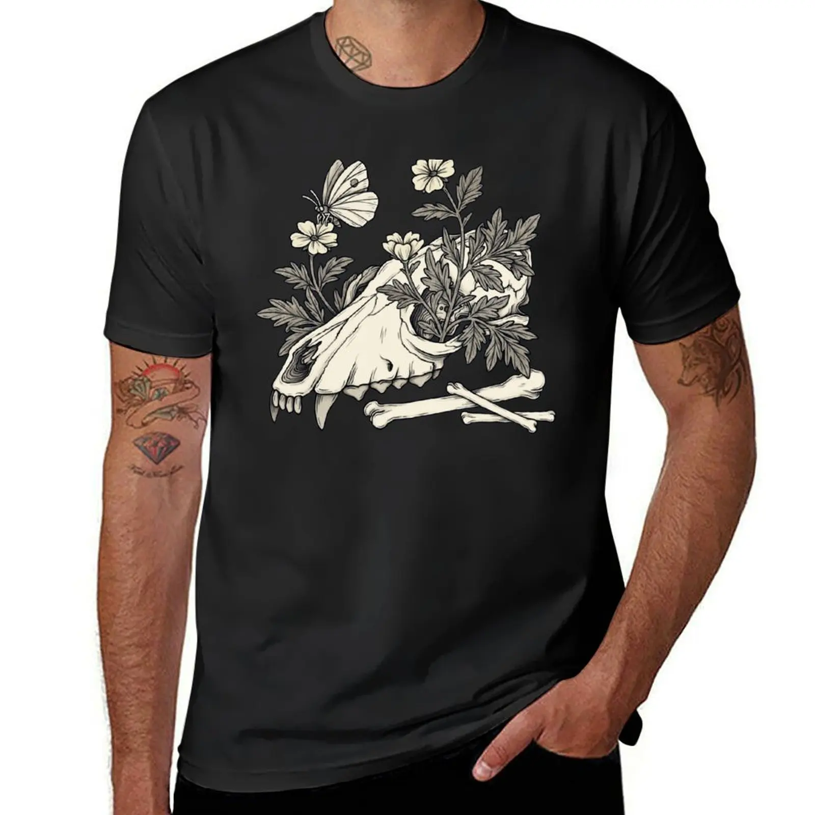 

Canine Skull with Bones, Flowers and Butterfly T-Shirt customizeds aesthetic clothes mens graphic t-shirts hip hop