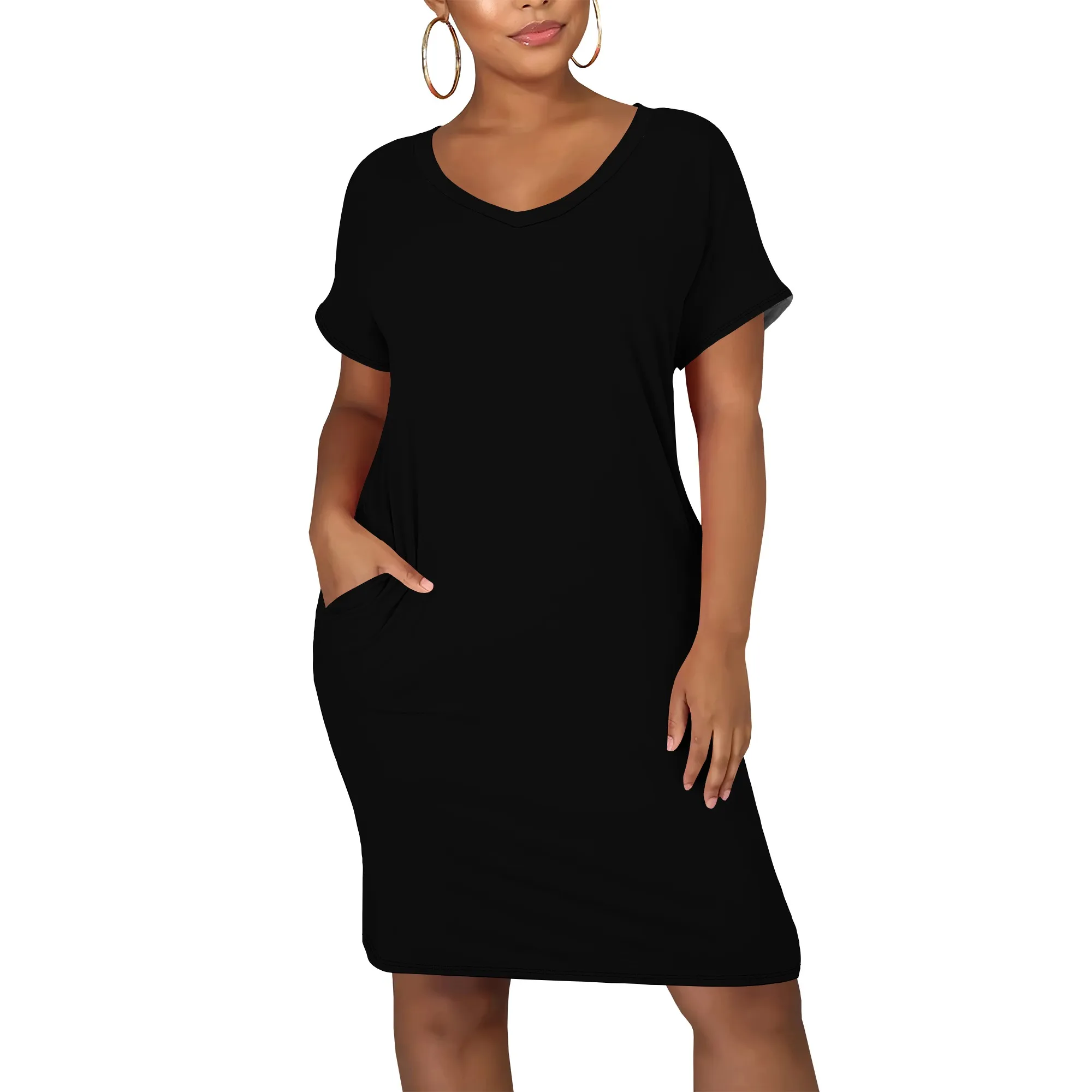 Damskie letnie sukienki T-shirt 2025 wiosenne z krótkim rękawem, dekolt w serek, luźne, codzienne, krótkie sukienki wakacyjne, piżamy z kieszeniami.