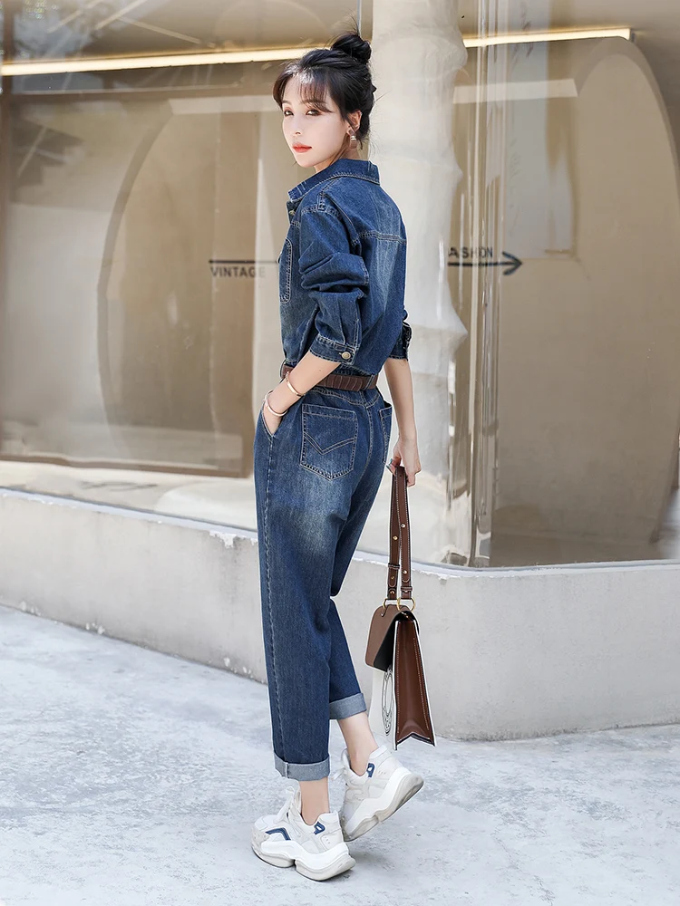 Modny dżinsowy kombinezon damski, casualowy, dopasowany, wiosenno-jesienny, nowy, z wysokim stanem, spodnie z prostymi nogawkami.