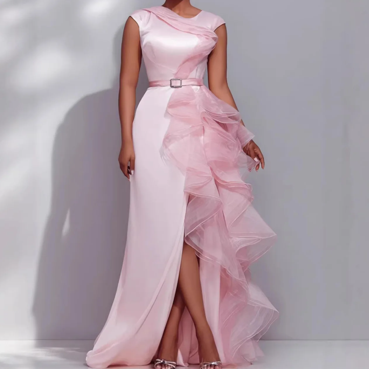 QMANSHA Rosa Satin-Abendkleid für Damen, Rüschen-Tüll, asymmetrischer Schlitz, formelles Kleid mit Gürtel, Hochzeitsgast-Partykleid – Detail 8
