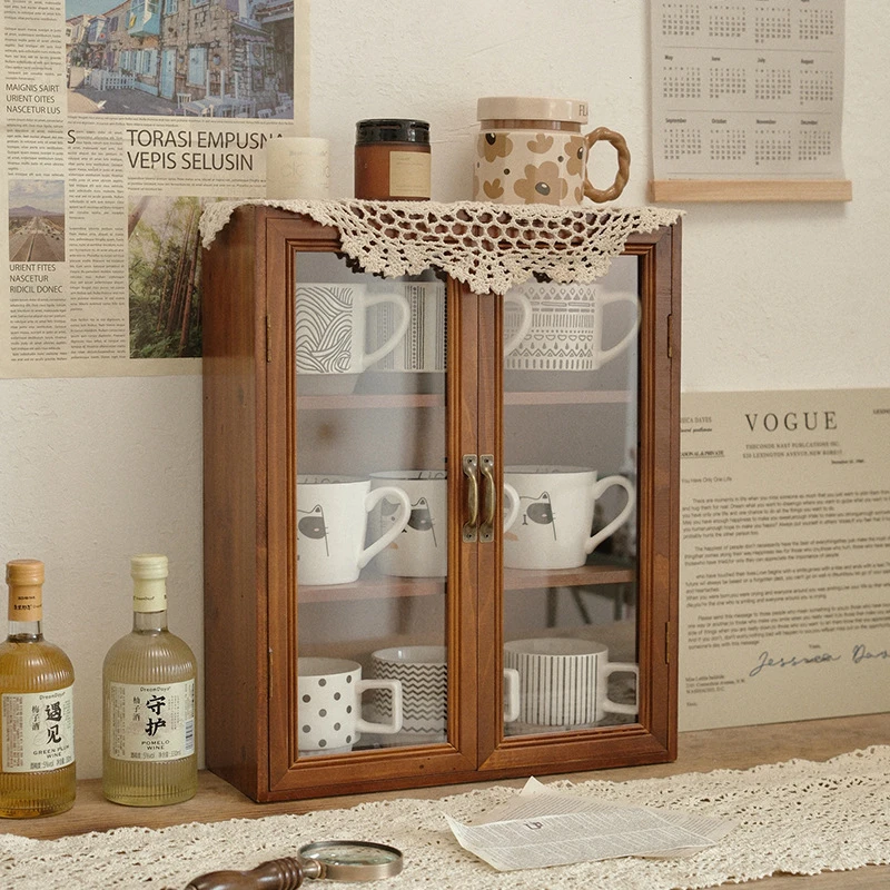 Vintage Wooden Tea Cup Storage Cabinet Glass Display Rack Dustproof Organizer for Dining Table Kitchen Home Decor