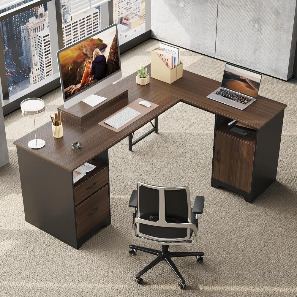 

63"x47" L-Shaped Office Desk with File Drawers – Corner Desk w/ Storage Cabinet, Monitor Stand & Modesty Panel