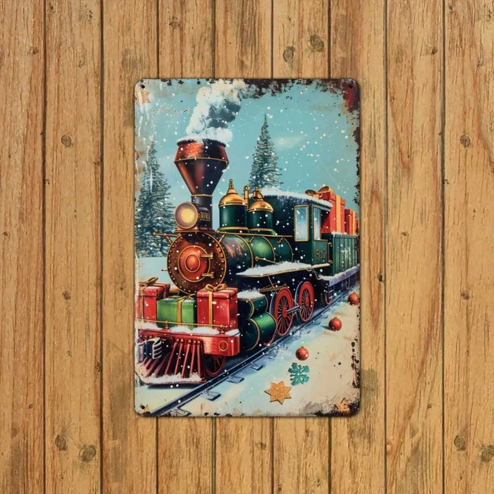Vintage Christmas Train Metal Tin Sign 12x8 Inch - Rust-Proof Aluminum Wall Art, Red & Green Holiday Decor Easy Hang For Kids' R