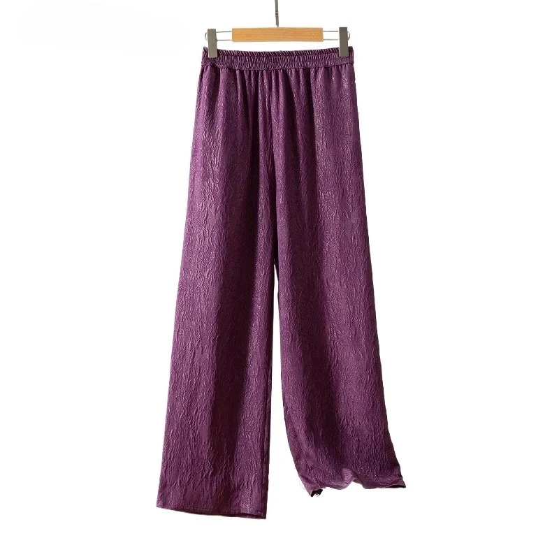 Women's Fashion Clothing 100% Natural Mulberry Silk GuanLe Crepe Elastic High Waisted Solid Color Casual Straight Leg Pants