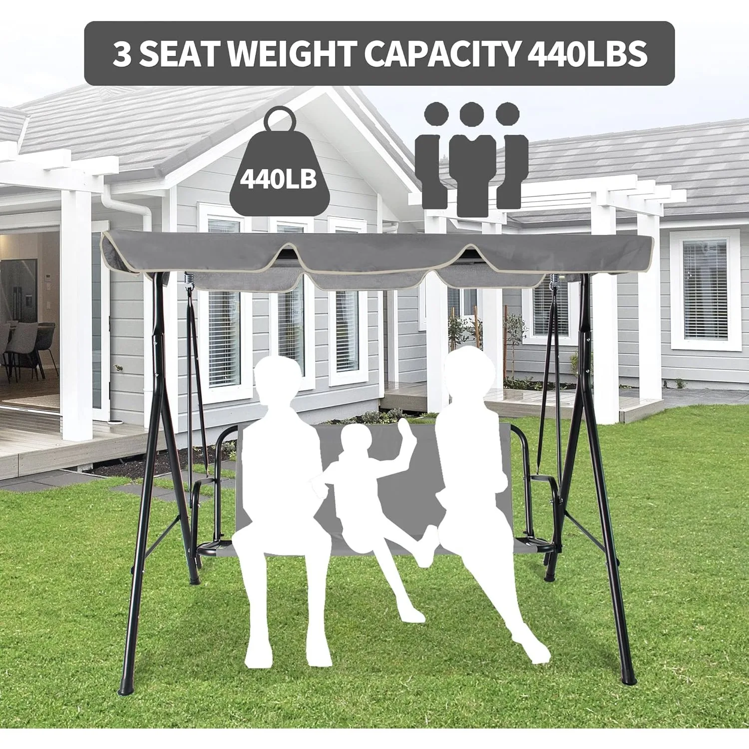 Cadeira ao ar livre do balanço do pátio com dossel ajustável, frame de aço durável, varanda cinzenta, jardim do pátio e piscina, 3 lugares