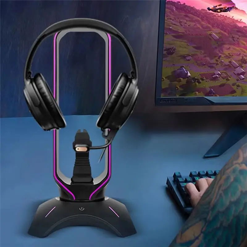 B27B RGB Gaming Headphone Stand Over-Ear Headset Holder With Mouse Bungee Cord Shelf For Desk Display White view 6