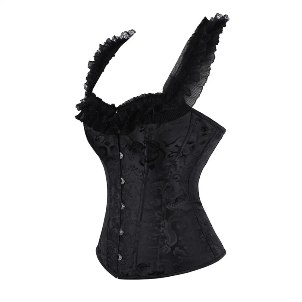 

Women Black Jacquard Halter Corset Top Sweetheart Lace Ruffle Front Hook Waist Cincher Gothic Vintage Bustier