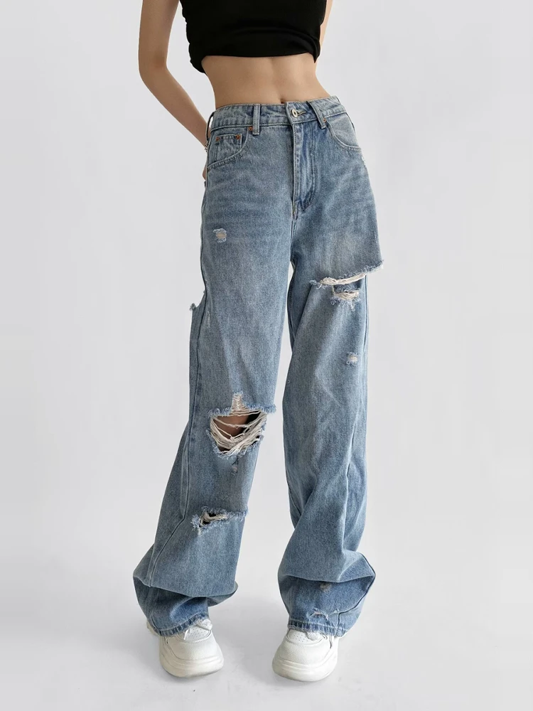 

American High Street Loose High Waist Denim Jeans Women's Waed Vintage Casual Wide Leg Pants Floor-Length Trousers