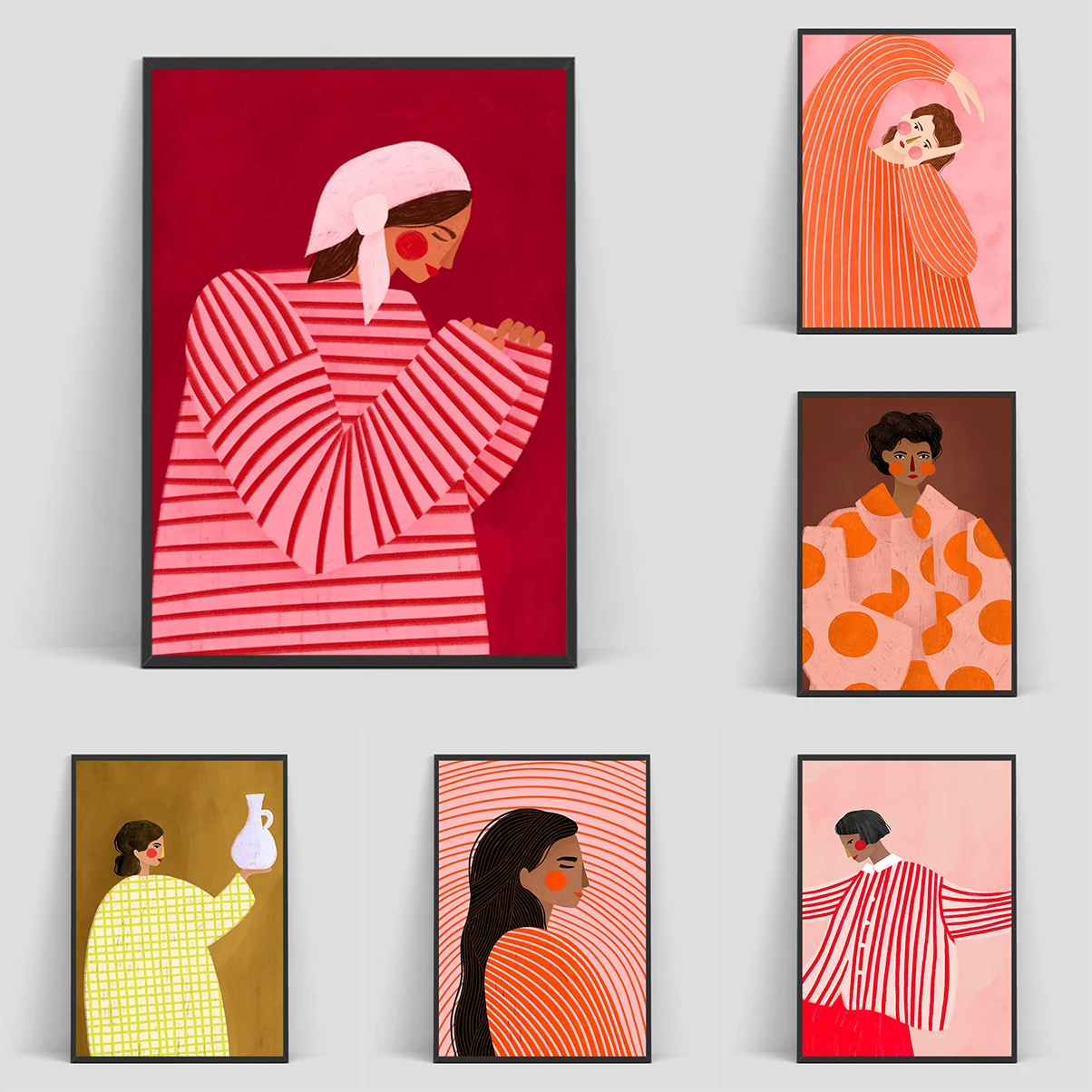 

Minimalist Women Portrait Illustration Poster Modern Colorful Striped Cartoon Girl Canvas Painting Wall Art for Room Home Decor