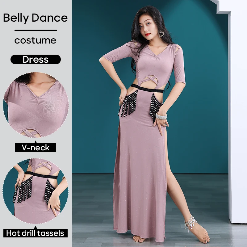 Belly Dance Costume Sexy Long Dress V Neck Design Hot Drill Tassels For Adult Women Stage Performance Outfit Practice Clothes