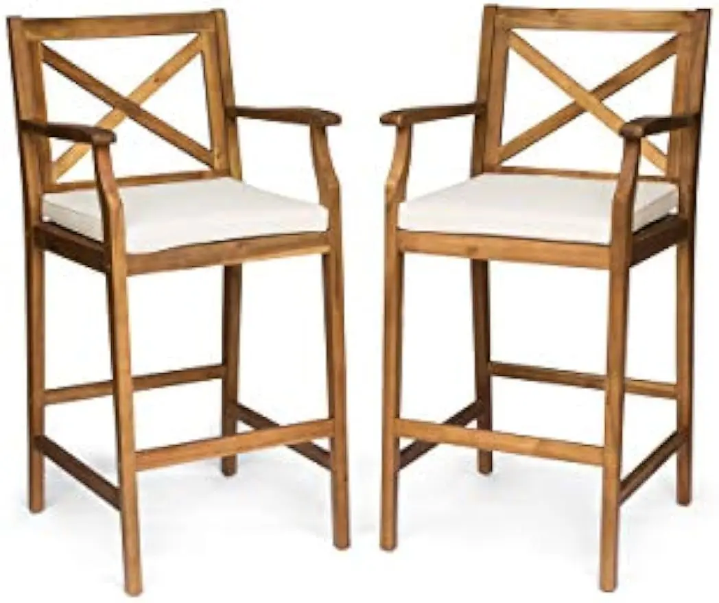 

Great Deal Furniture Logan Outdoor Acacia Wood Barstool, Teak Finish/Cream