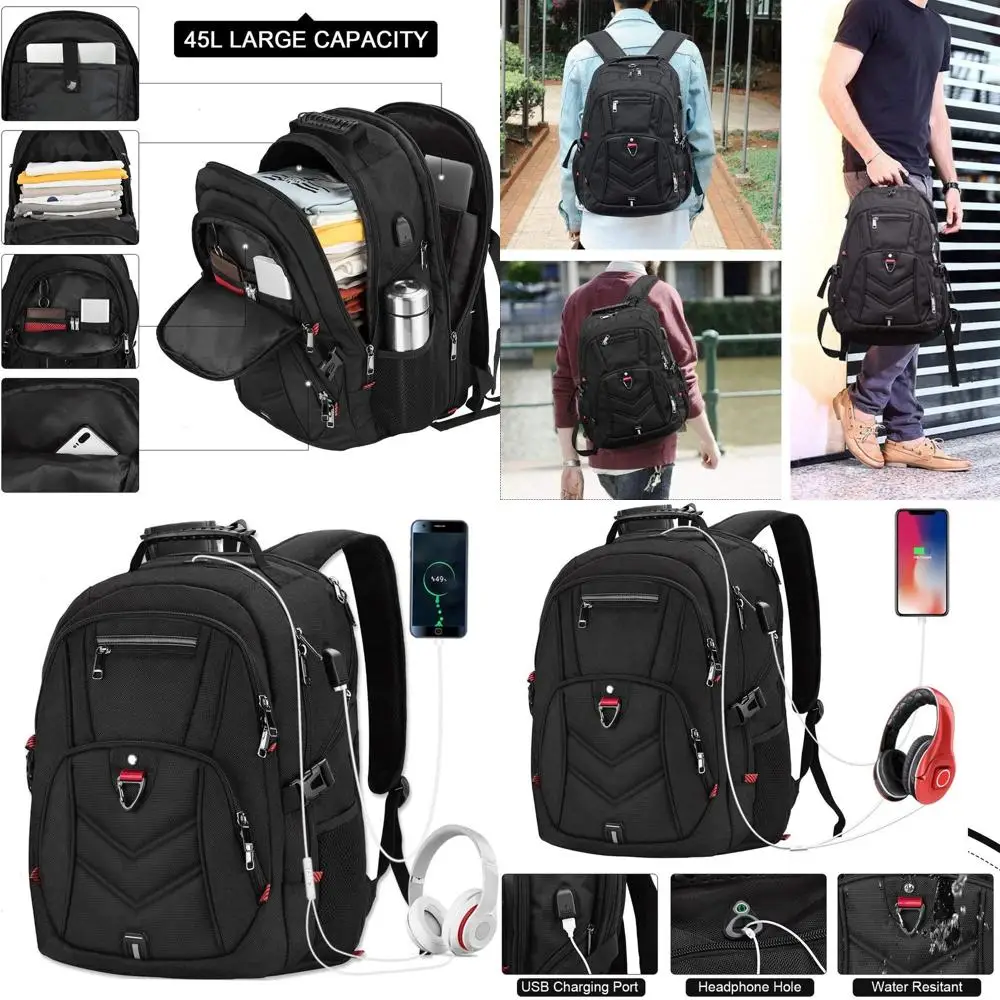 

Водонепроницаемый рюкзак для ноутбука с USB-портом, 45 л, большой объем, унисекс, для путешествий и учебы, черный