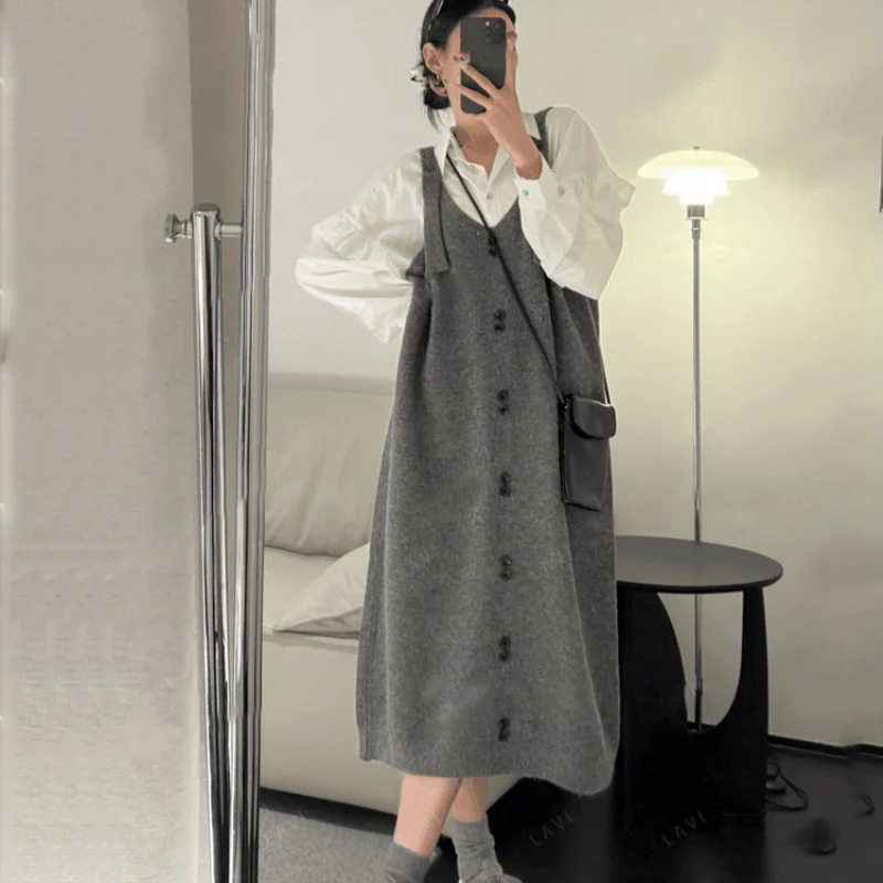

Korean Style Knitted Strap Dress Women, Autumn And Winter Lazy Style Loose Mid-Length Sweater Strap Dress Outerwear