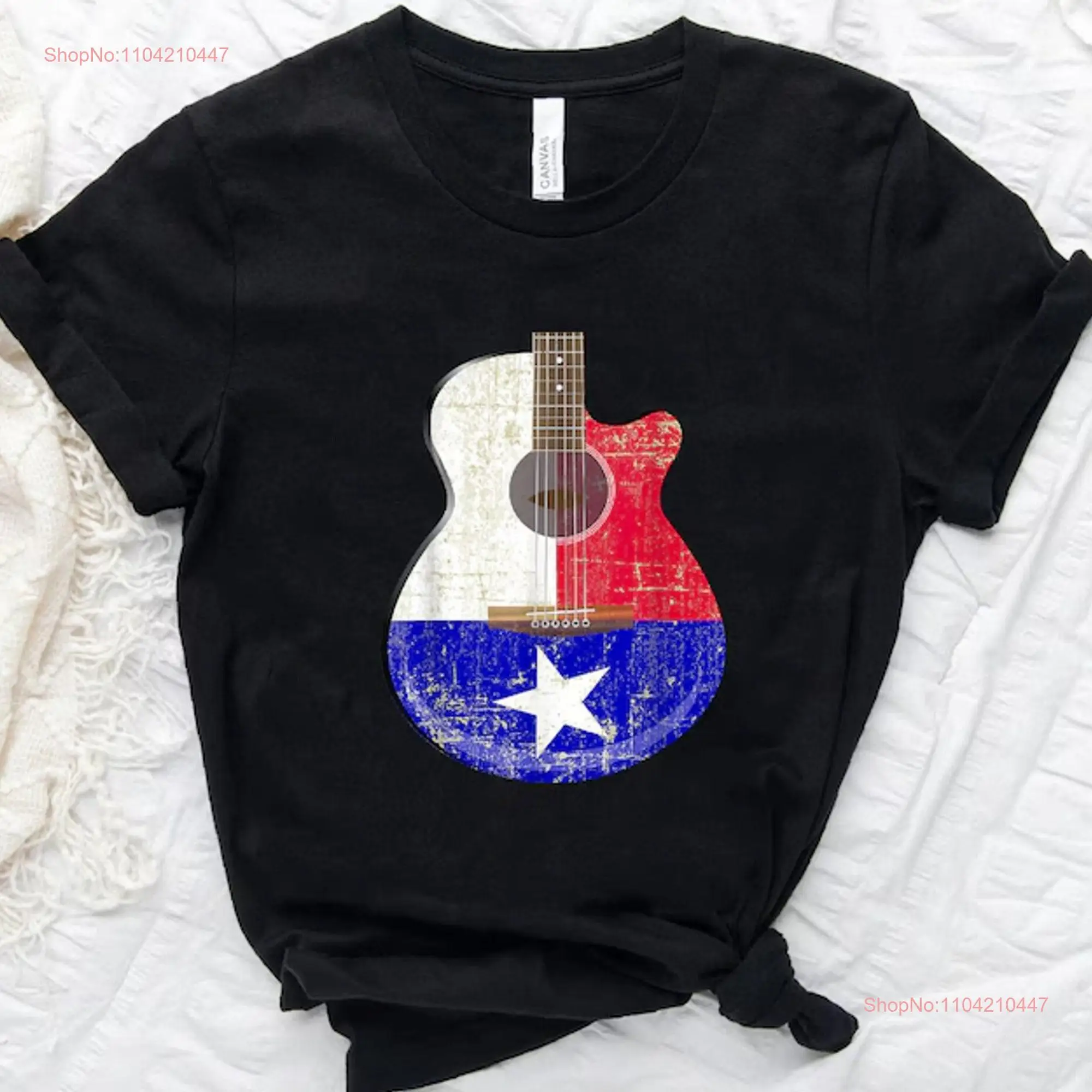 Distressed Texas Flag Acoustic Guitar T Shirt Guitarist Musician Idea Lover s Retro Country Music long or short sleeves