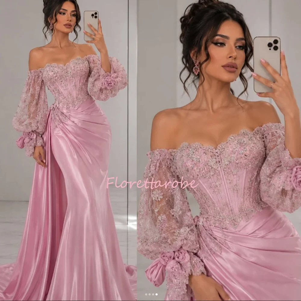 Schulterfreies Abendkleid mit Langen Ärmeln für Damen Dubai Spitzenapplikationen Pailletten Abendkleider Saudi-Arabien Lange Partykleider Maßanfertigung