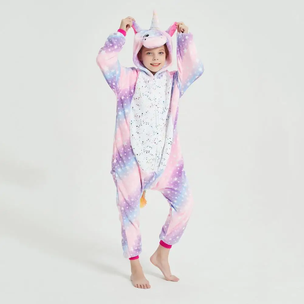 Cartoon Style Onesie Pajamas Kids Flannel Lounge Jumpsuit with Exclusive Hat Bright Colored Pajamas for Wear Long Sleeve Starry