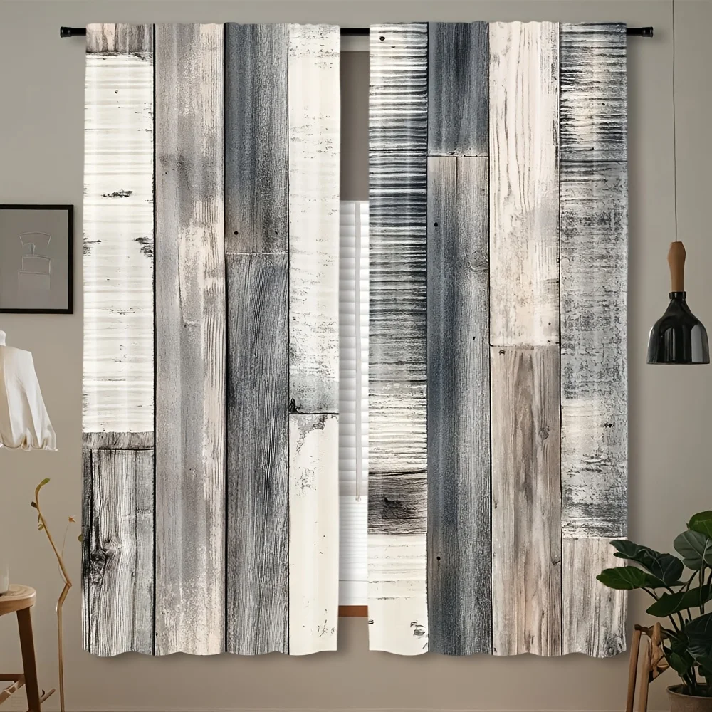 2pcs Modern European Style Wood Floor Printed Curtains, Rod Pocket Design, Semi-Transparent Polyester Drapes for Kitchen, Cafe,