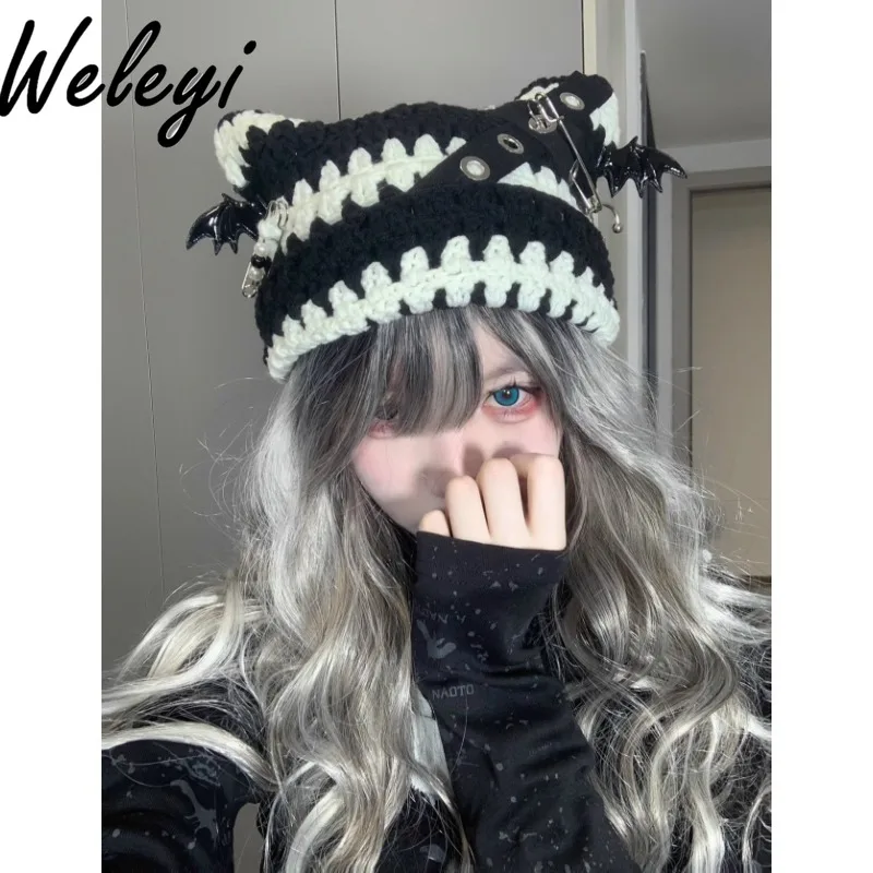 Jirai Kei Gothic Cute Cat Ear Hat Autumn and Winter New Subculture Steampunk Bonnets for Women Cross Pure Hand Knitted Wool Hats