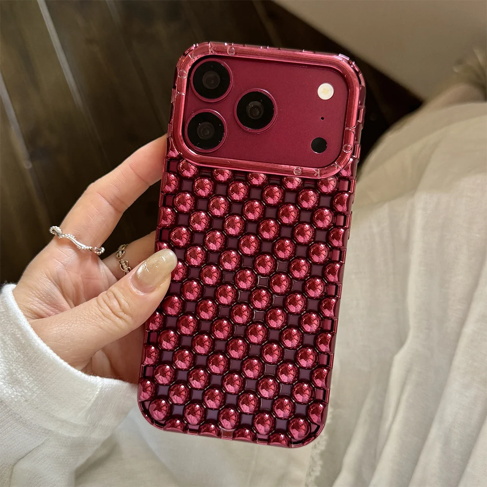 Beliebte kirschrote 3D-Hohldesign-Handyhülle mit runden Perlen für iPhone 18 Pro Max 17 16 15 14 13, weiche Kunststoff-Schutzhülle für die Rückseite